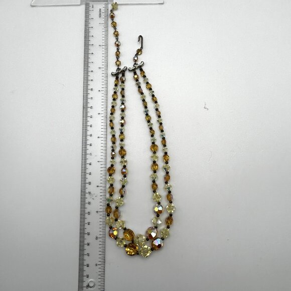 Vintage Two Strand Amber Yellow Aurora Borealis Glass Bead Facet Necklace 1950s - Picture 5 of 12
